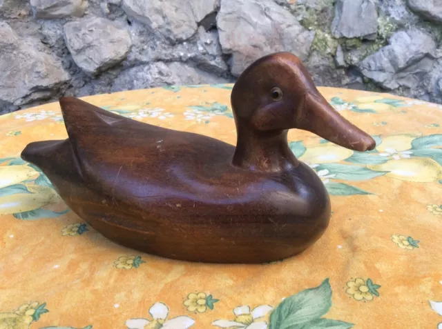 French Wooden Duck Decoy Vintage Glass Eyes Wood Figure Statuette Carved Statue
