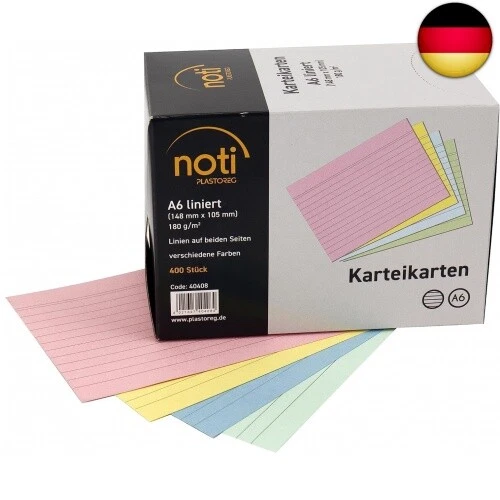 Karteikarten A6, 148 x 105mm liniert, farbig sortiert, 400 Stück in praktischer