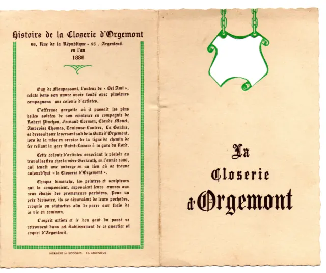 95 Argenteuil. La CLOSERIE D’ORGEMONT.  Menue de Mariage du 17 décembre 1966.
