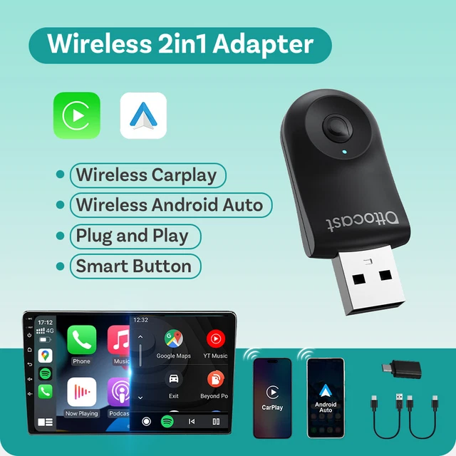 2025 2IN1 OTTOCAST Wireless CarPlay+Android Auto Adapter USB Plug w ...