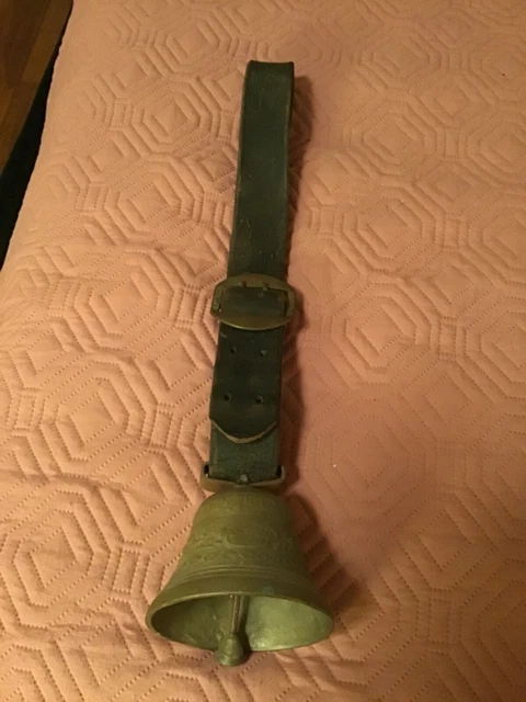 Antique Swiss Casted Bronze Cow Bell With Leather Strap Ca. 1900