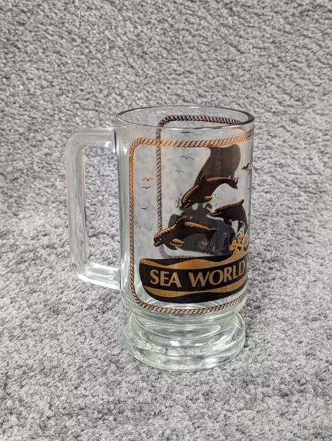 Vintage Sea World Glass MUG SHAMU Souvenir Gold Black Graphic Whale Collectible