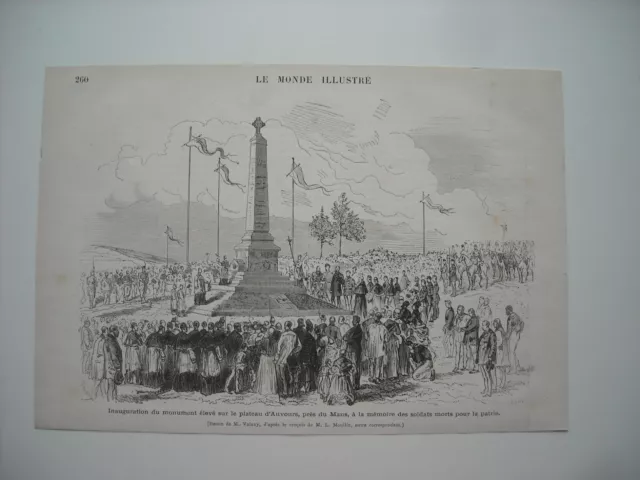 Gravure 1874. Inauguration Du Monument  A Auvours, Pres Du Mans, Soldats 1870.