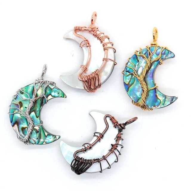 Natural Paua Abalone Shell Crescent Moon Wire Wrapped Tree Life Pendant Necklace 3