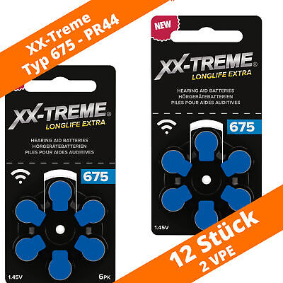 12 baterías de audífonos extra XX-TREME Longlife tipo 675 PR44 azul NUEVO