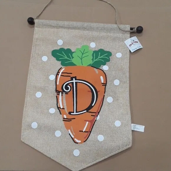 Spring Easter "D" Monogram Carrot Burlap House Flag with Pole NEW