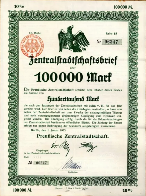 Zentralstadtschaft - 100,000 Mark Uncanceled Bond - Foreign Bonds