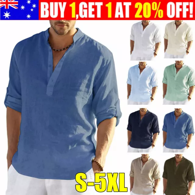 Mens Cotton Linen Long Sleeve Shirt Solid Loose Blouse Button Down Tops T Shirt