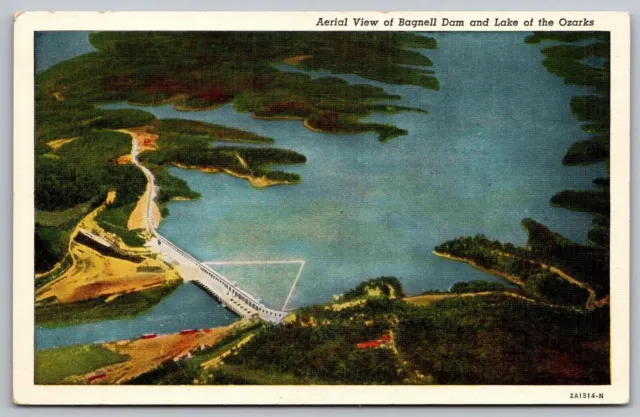 Aerial View Bagnell Dam Lake Ozarks Missouri Forest Shoreline Vintage PC