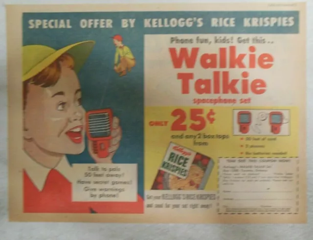 Kellogg's Cereal Ad: Walkie Talkie Premium ! From 1956 Size: 7 x 10 inches