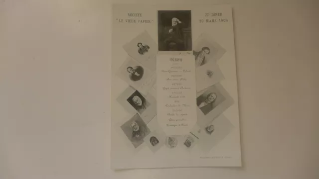 1906 MENU Diner   membres société LE VIEUX PAPIER