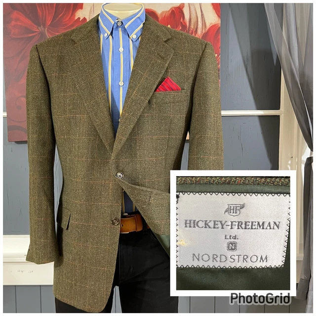 VTG Hickey Freeman Blazer Mens 43R Sport Coat Tweed Olive Green Plaid Jacket