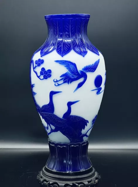 1157Vintage Chinese Peking Glass blue & White Carved Overlay Vase 12” 2