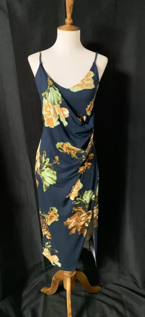 ASOS Viscose Faux Wrap Blue Yellow Floral Side-Slit V-Neck & Back Midi Dress 4