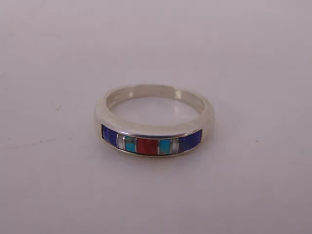 Sterling Silver Taxco Mexico Lapis Coral & Turquoise Inlay Ring Size 7 JC709-7