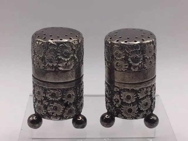 Pair Antique Solid Hallmarked Silver Floral Salt Pepper Cruet Set Chester 1904