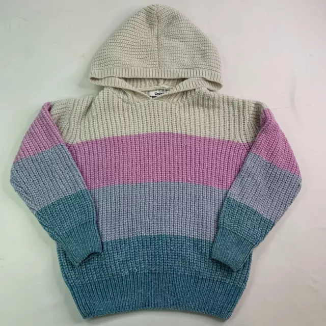 DKNY Kids Girls Hooded Sweater Chenille Knit Blue Pink & Tan Size S 5/6