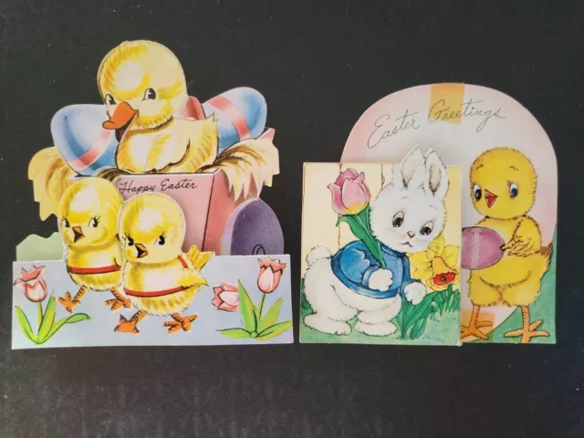 2 Vtg 1940s A-MERI-CARD Easter Greeting Card Foldout Duck Buny Chick Eggs Cart