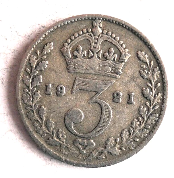1921 GREAT BRITAIN 3 PENCE - Excellent Silver Coin - FREE SHIP - Bin #80