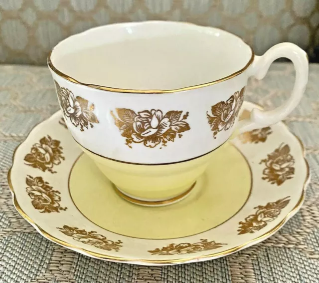 Vintage Crownford Fine Bone China GOLD & YELLOW ROSE Teacup & Saucer England