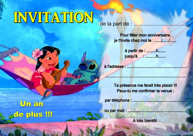 5 - 12 ou 14 cartes invitation anniversaire lilo et stitch REF 440 EUR