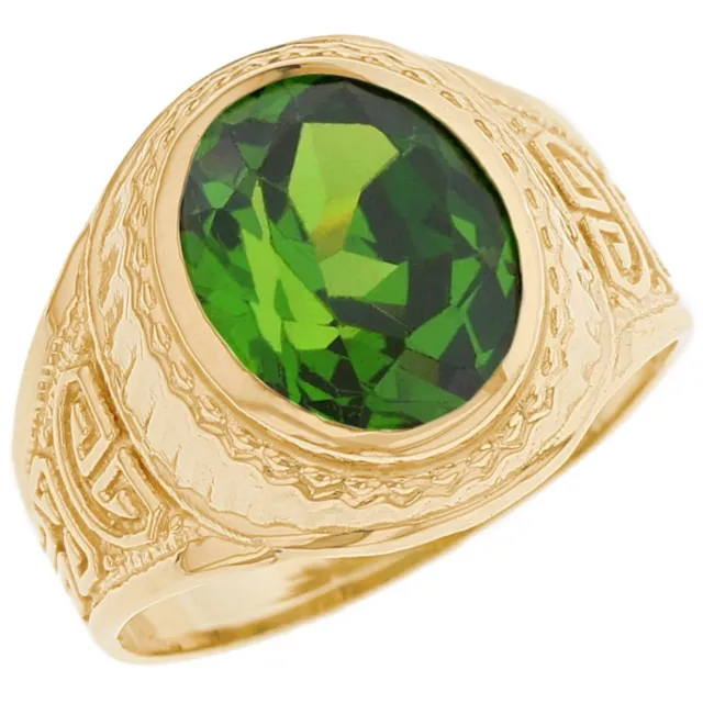 10k or 14k Real Gold Simulated Peridot Greek Design August Birthstone Mens Ring