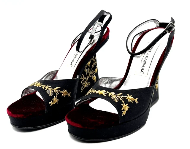 DOLCE & GABBANA Runway Women 9 S/S 1997 Silk Velvet Gold Embroidered Heels Italy