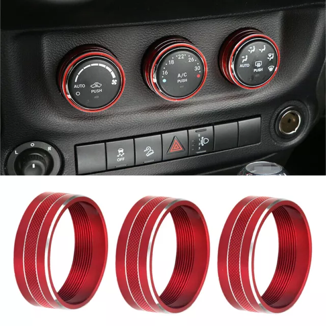 3pcs Air Condition Button Cover Ring Trim fit for Jeep Wrangler JK 2011-2017 Red