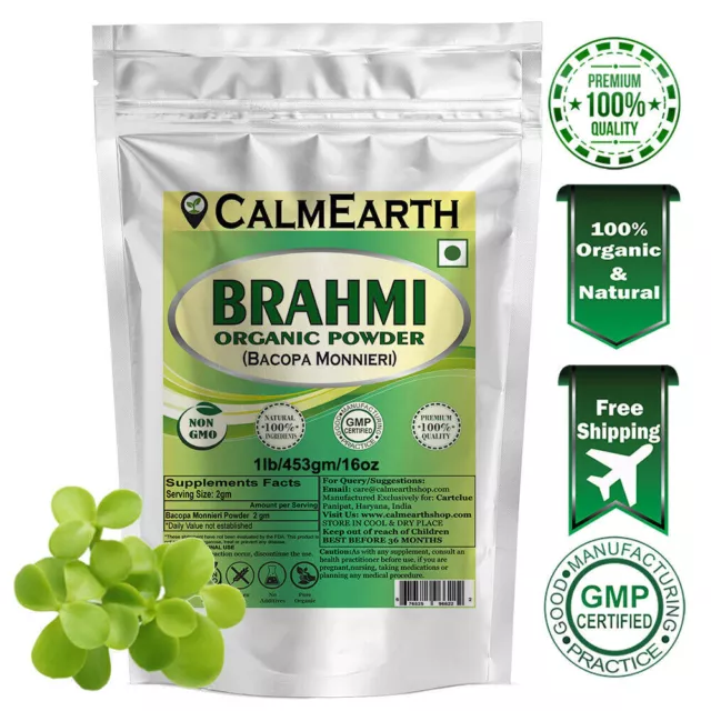 Calm Earth Brahmi Poudre à base de plantes biologique 100 % pure Bacopa...