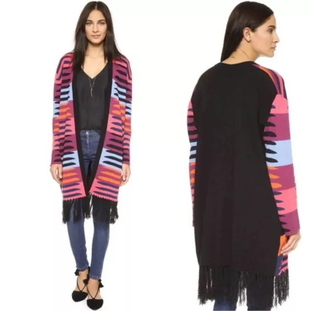 Mara Hoffman Striped Fringe Jacquard Knit Open Cardigan Black Pink One Size