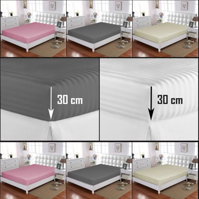 100% Cotton Satin Stripe Fitted Sheet Hotel Quality Double Bed Mattress Cover