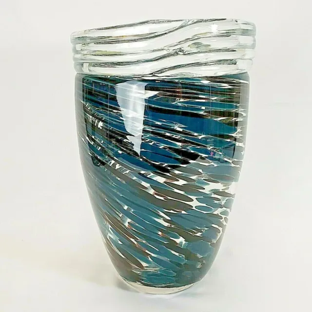 Hand Blown Glass Vase Large 11" Tall Turquoise Brown Spatter Art Glass Murano