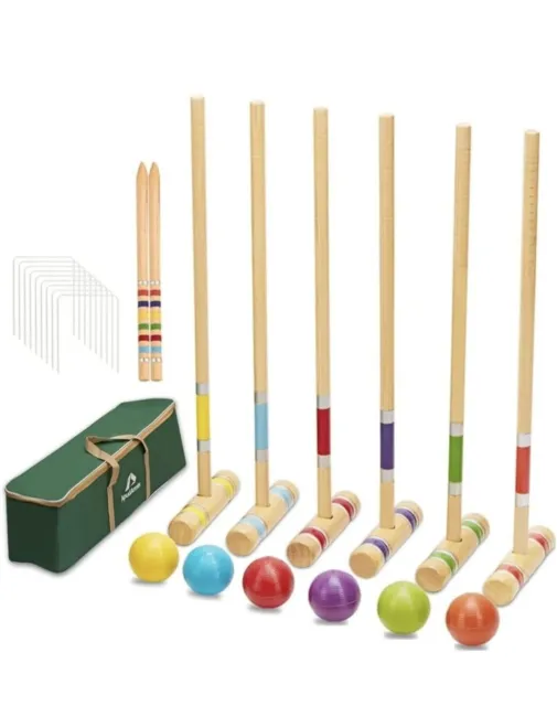 Six Player Croquet Set with Deluxe Premium Pine Wooden Mallets Coloured Balls