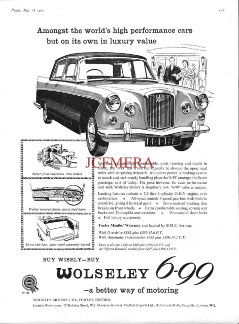 WOLSELEY '6-99' Motor Cars ADVERT Original Vintage 1960 Print Ad 692/44