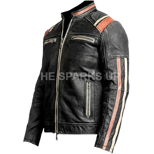Giacca Retro Cafe Racer Uomo Biker Vintage Motocicletta Striscia Bianca Pelle Nera