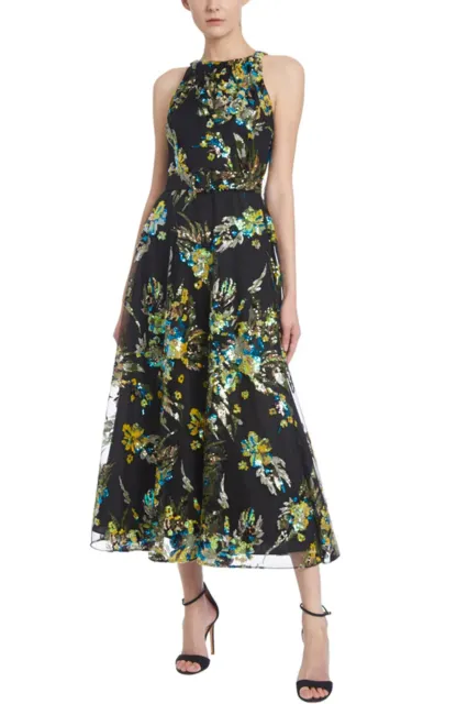 Badgley Mischka  Floral Embroidery Belted Midi Dress  Size:2  $595 NWT