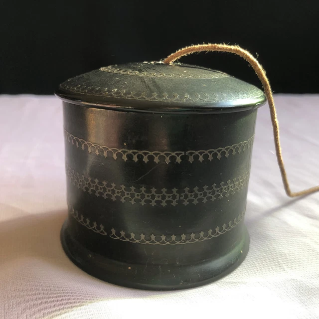 ANTIQUE STRING HOLDER Lacquered Wood Silver Metal Inlay Dispenser Twine ...