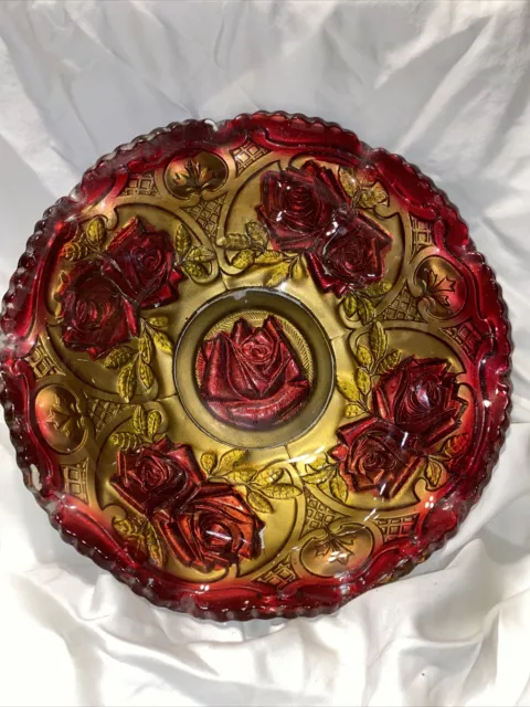 EAPG Indiana GOOFUS Art Glass ROSES in the SNOW Pattern Bowl Red/Gold 9"