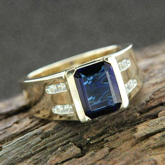 3Ct Emerald Cut Simulated Blue Sapphire Men's Engagement Ring 14K Gold Plated