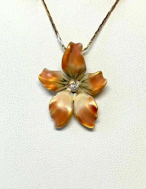 Orchid Flower OMC Diamond Enamel Pendant Charm 14K Gold Victorian Art Nouveau