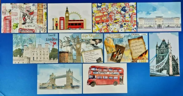 Set of 10 Modern London Postcards, Big Ben, Tower Bridge, Palace, Fire, Bus RX7