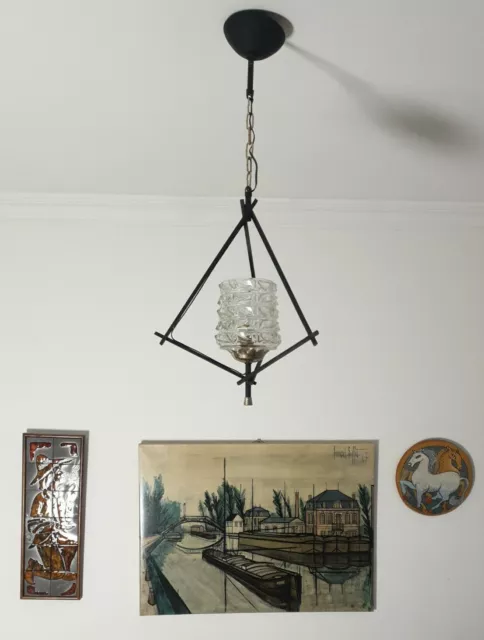 Ancienne Suspension 1940 verre fer forgé luminaire retro lustre mid century