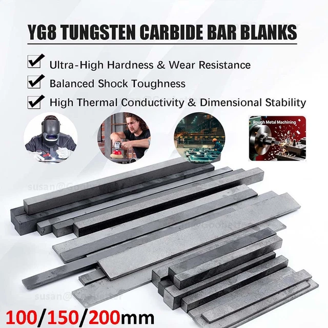Barre Carbure Cémenté YG8 Tungstène - Épaisseur 2 à 8mm, Longueur 100mm - Solide - Neuf