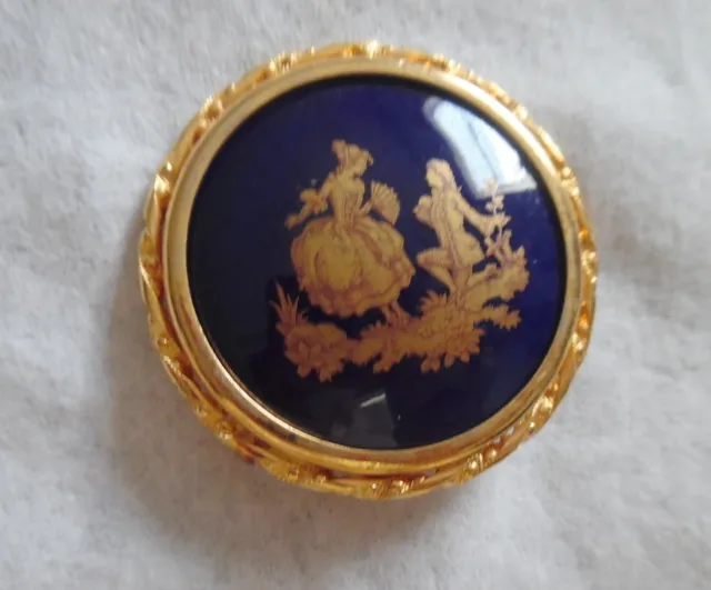 Limogue France  18Kt Gold Plated Brooch W, Victorian Scene