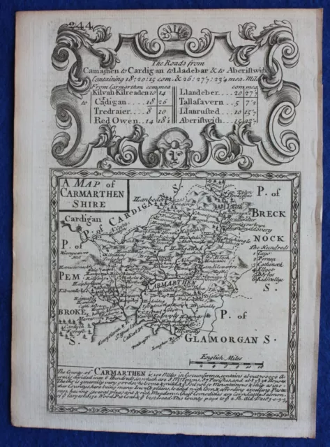 CARMARTHENSHIRE, WALES original antique map from 'Britannia Depicta', Bowen 1759