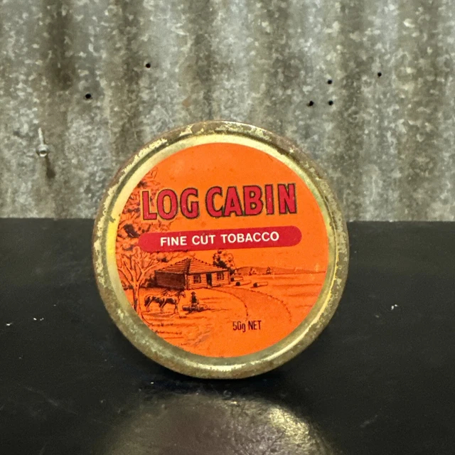 VINTAGE LOG CABIN Fine Cut 50g Round Tobacco Tin Made In Australia (Empty)  $15.00
