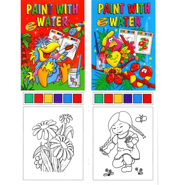 SET 2 x A4 CHILDRENS MAGIC PAINTING BOOKS WATER COLOUR PAINT PALETTE EVERY PAGE