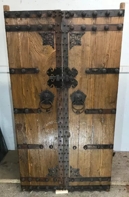 Antique Oriental Solid Elm Doors Set Period Wood Reclaimed Double Pair Cast Iron