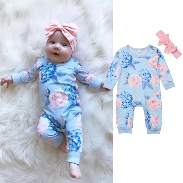 New Born Baby Girl Clothes Flower Jumpsuit Romper Bodysuit+Headband Outfits Gift