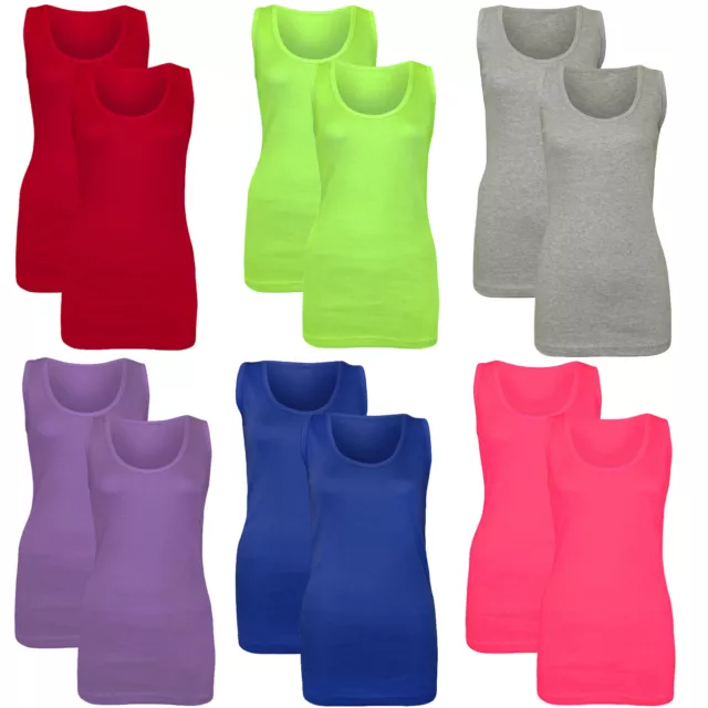 2 Pack Ladies Vest Womens Cotton Stretchy Ribbed T Shirt Cami Casual Tank Tops